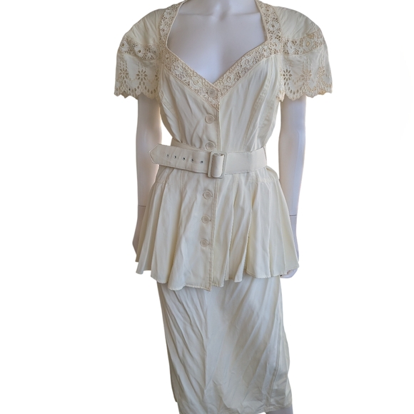 Karen Alexander Vintage Elegant Cream Lace Peplum Set Top+ Skirt - Picture 3 of 8